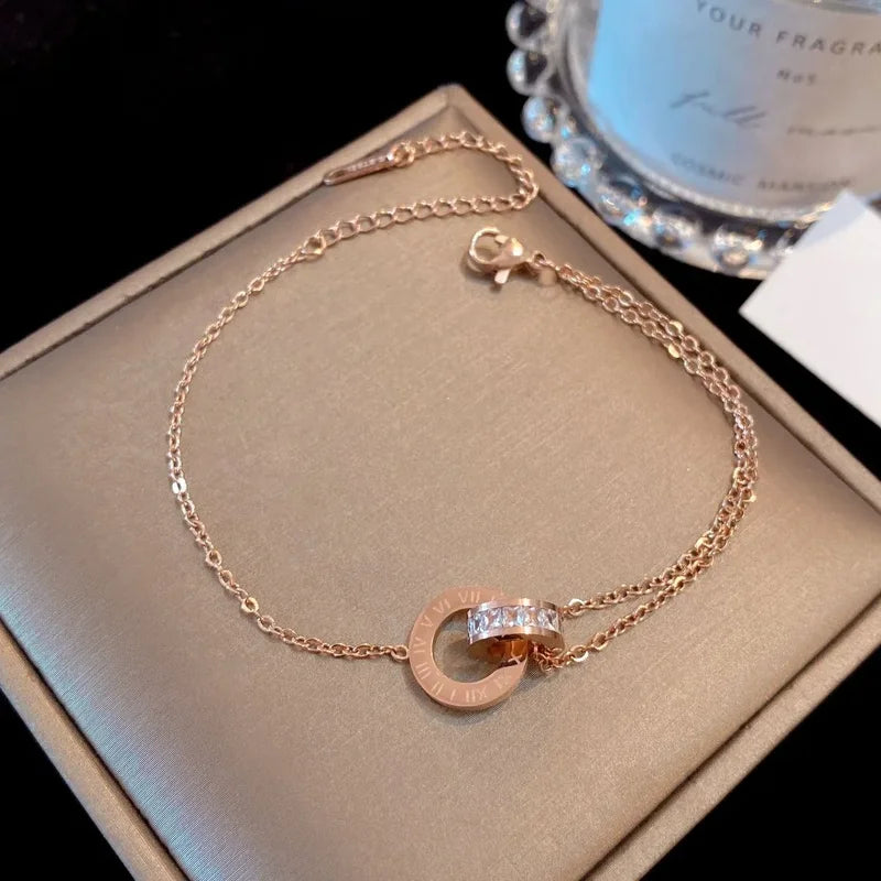 Double Ring Cross Zircon Bracelet for Women Stainless Steel Jewelry