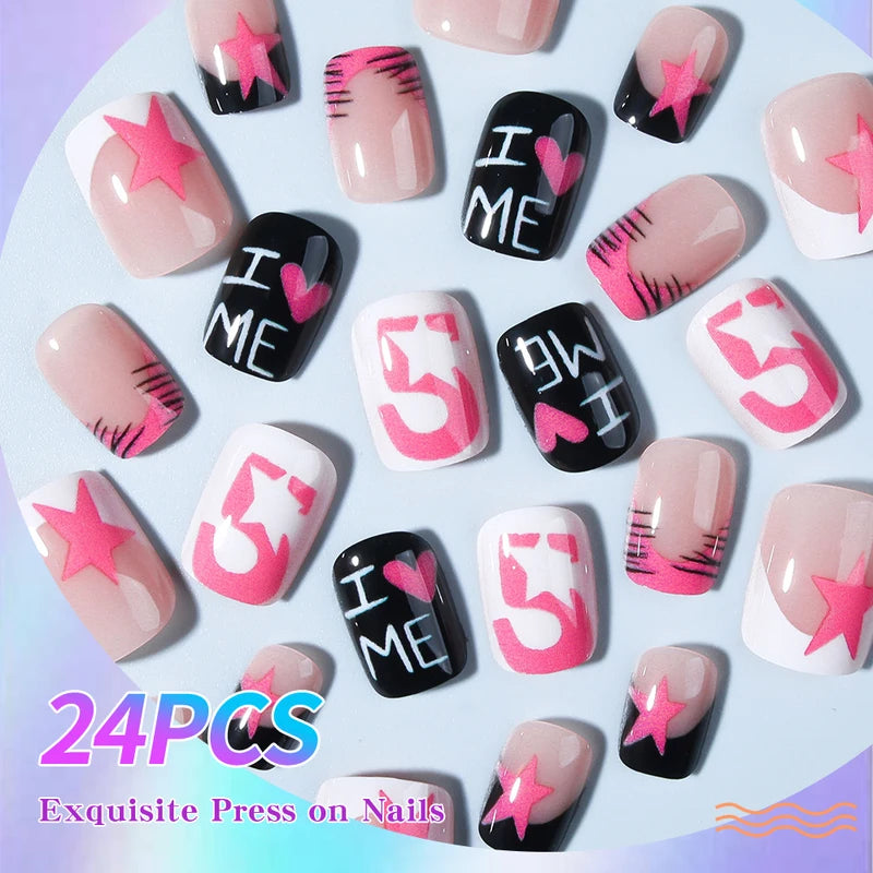 24 Pieces Leopard Print Nail Stickers - Short Square French Nail Art Sets with Heart, Star & Pattern Design
