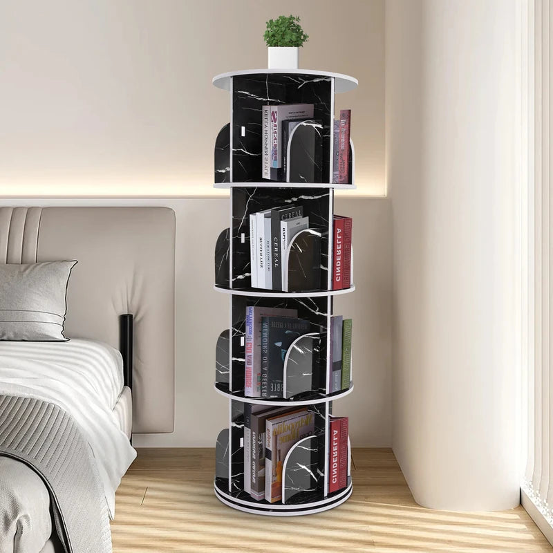 Rotating Bookshelf with 16 Compartments - Waterproof 4-Tier Floor Storage Rack