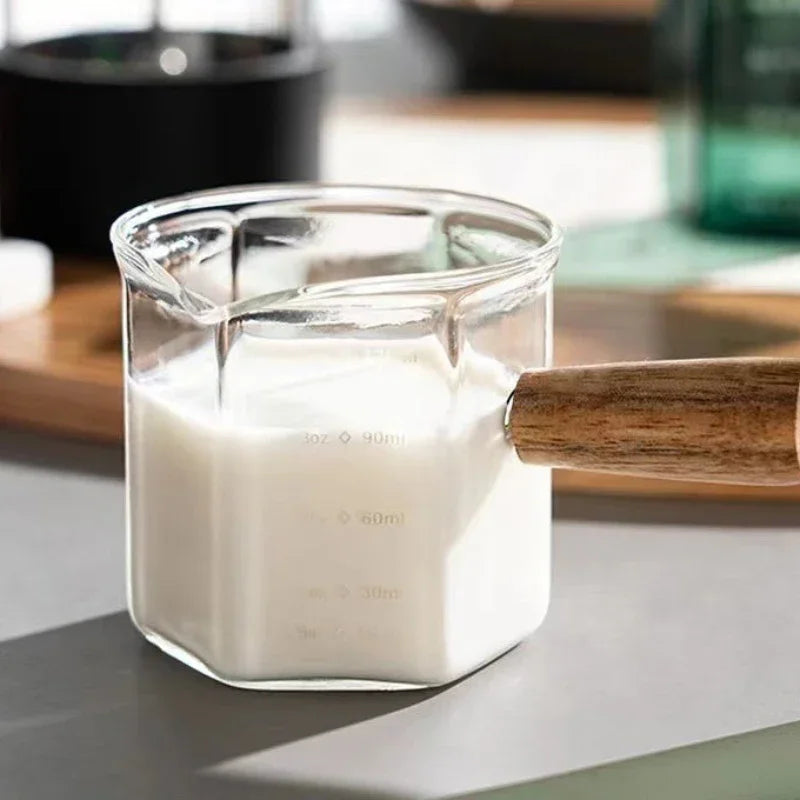 120ml Glass Espresso Measuring Cup with Scale & Wooden Handle - Coffee & Latte Tool
