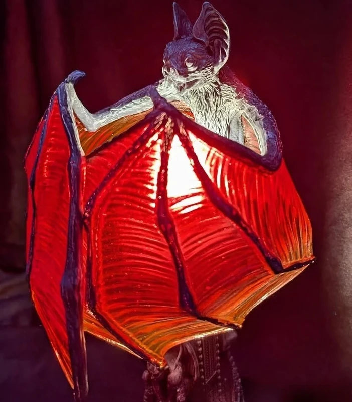 Gothic Bat Lamp with Red Glow - Decorative Wings of Night Halloween Resin Table Light
