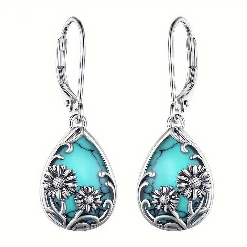 Vintage Sunflower Drop Earrings for Women Turquoise Inlay Jewelry Gift