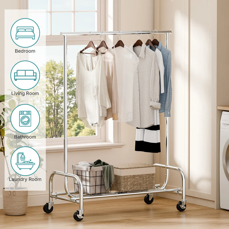 Heavy Duty Clothes Rack with Wheels and Adjustable Top Hanging Rod - Entryway Storage Organizer for Home