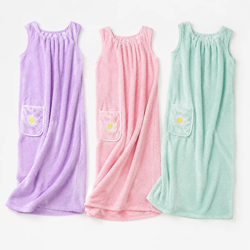 Women Wearable Bath Towel Wrap - Absorbent Long Polyester Bathroom Robe