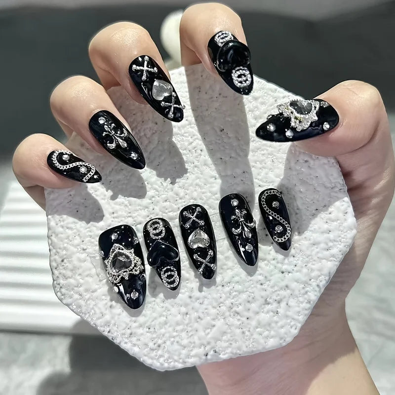 10 Pieces Handmade Dark Mine Series Fake Nail Sets for Dark Spicy Girl Style Nail Art