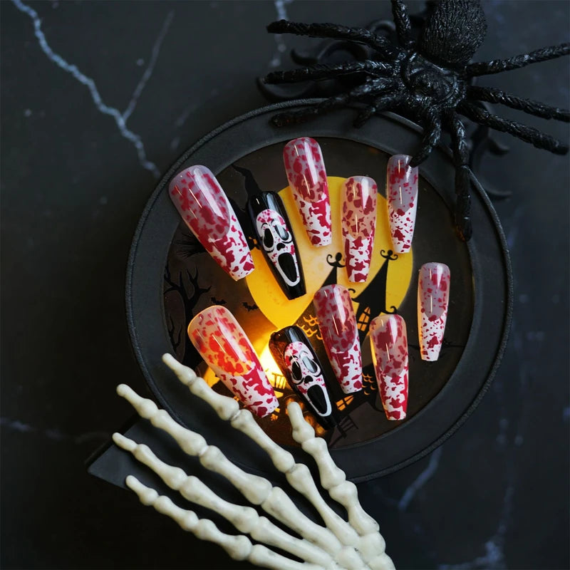 Blood Color Halloween Fake Nails Set - Long Coffin Style with Ghost Face Print