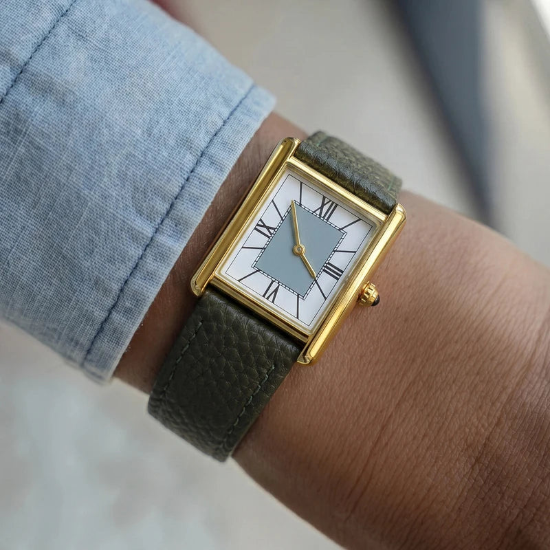 Luxury Minimalist Square Watch - Gold Case, Grey Dial, Green Strap