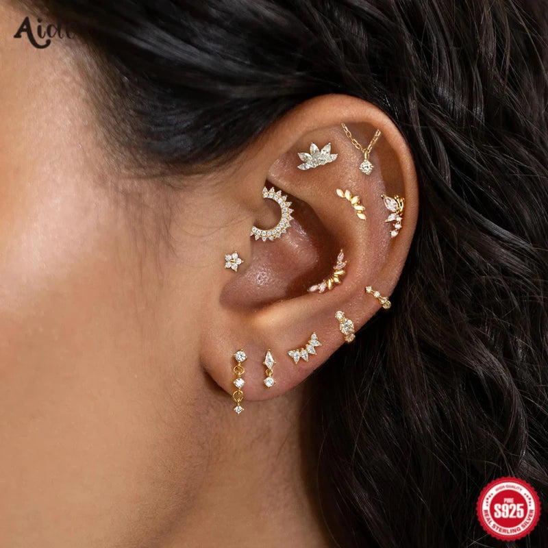 Sterling Silver Multi Piercing Stud Earrings for Women - Geometric Tassel Jewelry