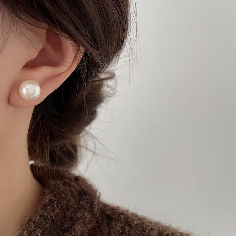 Pearl Stud Earrings Women Girls Flat Round Jewelry Romantic Gift