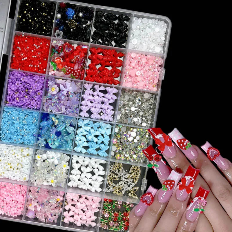 Mixed Nail Art Charms Set with Ribbons Bows Flowers Cherry Strawberries Metal Butterflies - DIY Nail Decorations
