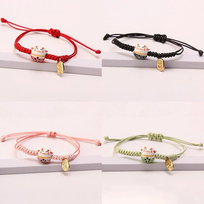 Cute Lucky Cat Braided Bracelet for Women - Adjustable Animal Jewelry Gift