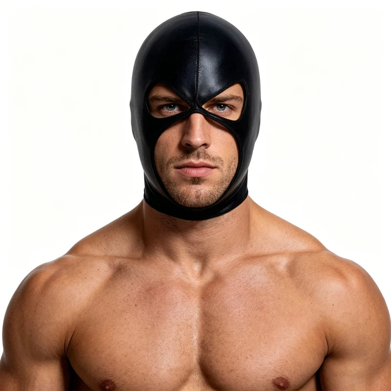 Unisex Faux Leather Hood Mask with Open Mouth Holes for Cosplay and Halloween