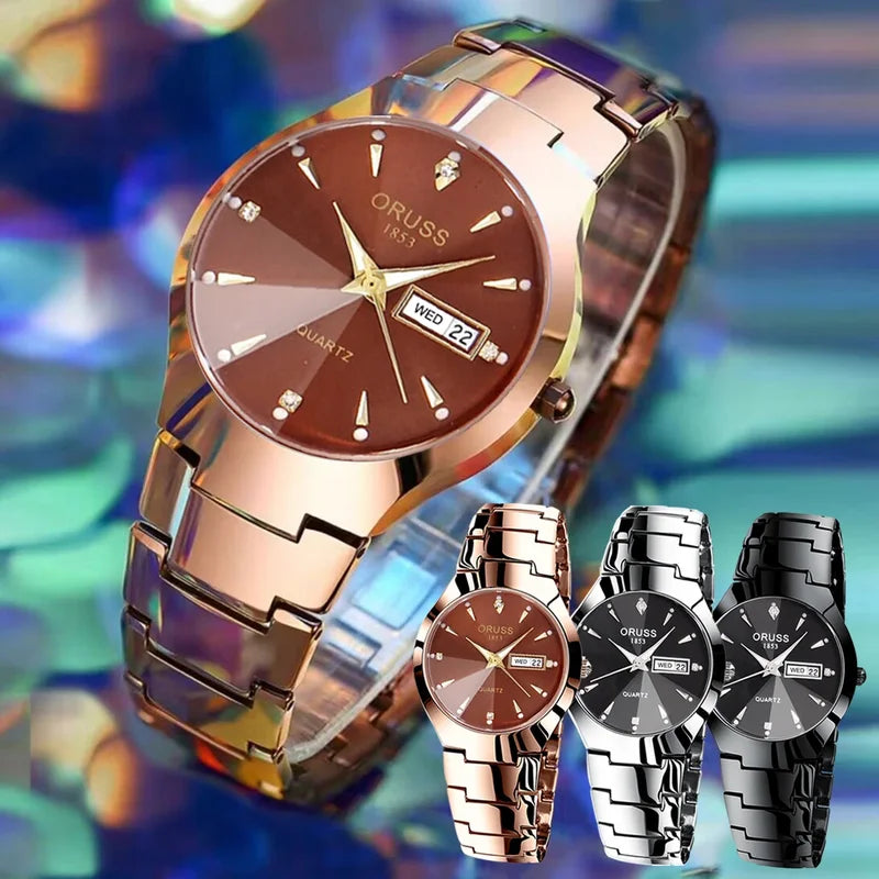 Men's Waterproof Luminous Dial Quartz Watch with Week Calendar - High Quality Stainless Steel