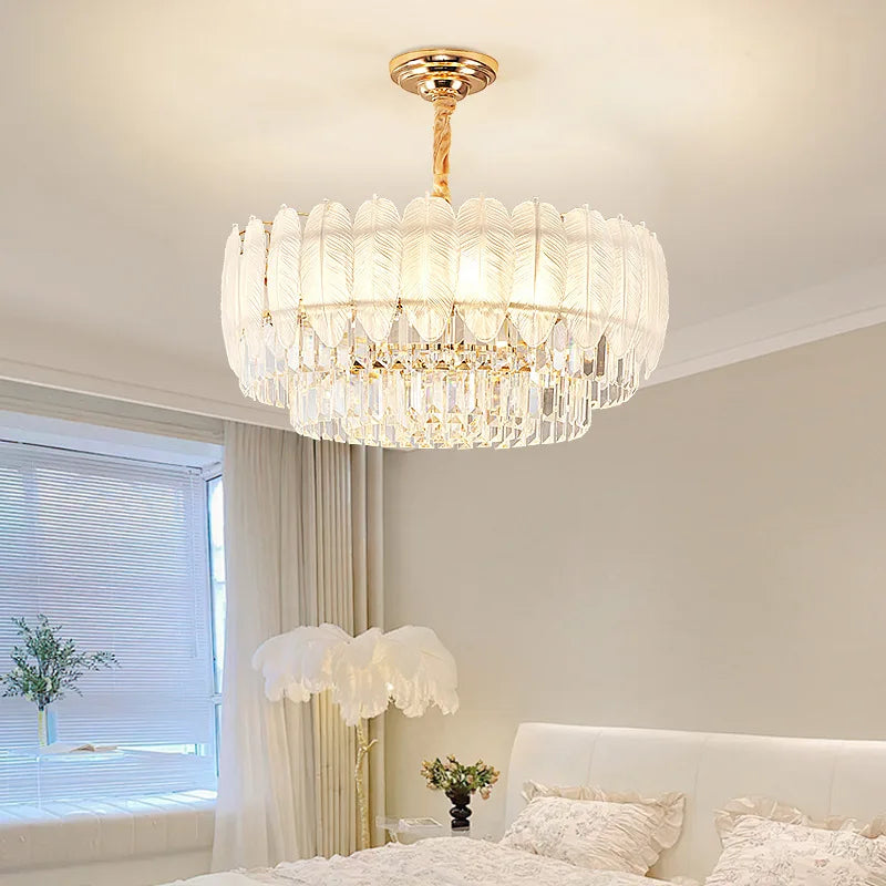 Modern LED Pendant Light with Feather Glass Shade for Living Room & Bedroom