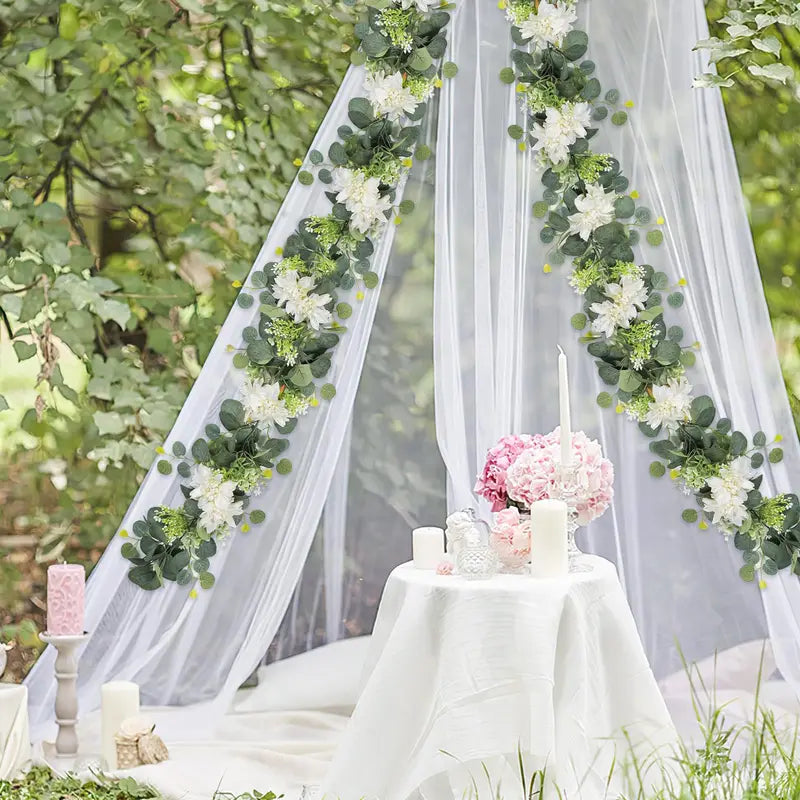 Artificial Garland with Eucalyptus and Dahlia Flowers for Wedding & Party Decor