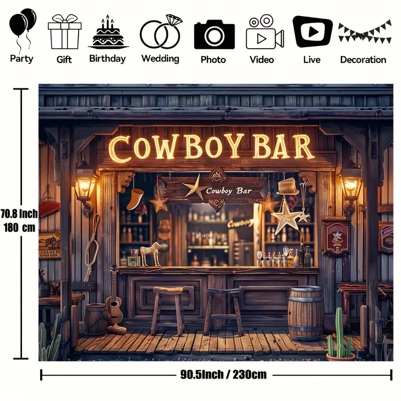 Retro Western Bar Background Banner - Homer Themed Party Decor with Wooden Bar, Wheel Bucket & Stool