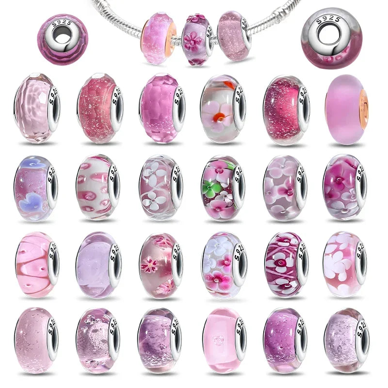 925 Silver Beads Heart Flower Murano Glass DIY Jewelry Charms for Women