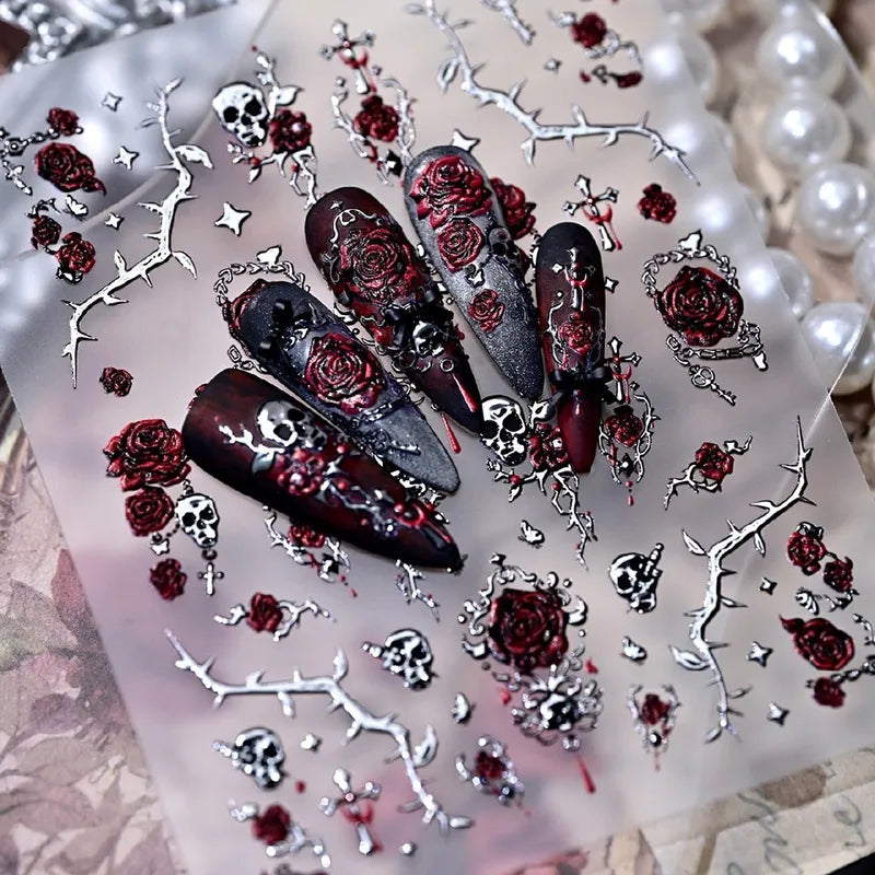 Bronzing Gold Skull & Blood Rose Nail Decals Set - Self-Adhesive Halloween Nail Art