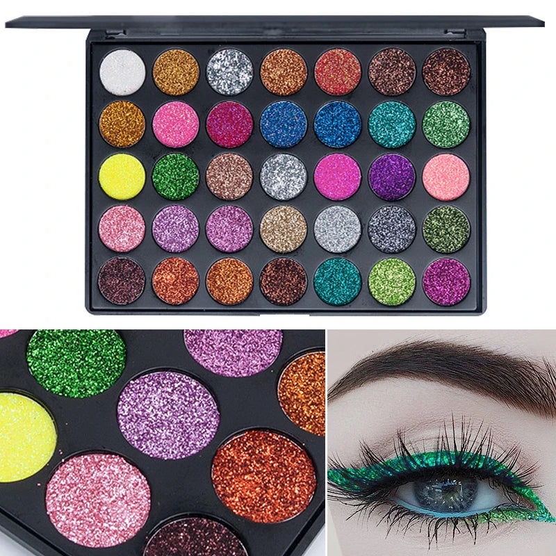 35 Colors Glitter Eyeshadow Palette Waterproof Long Lasting Metallic & Shimmer Makeup