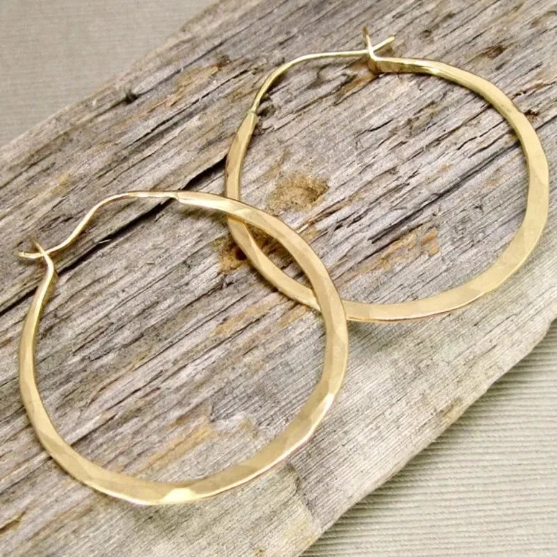 Large Gold Plated Hoop Earrings for Women - Vintage Hammer Pattern Jewelry