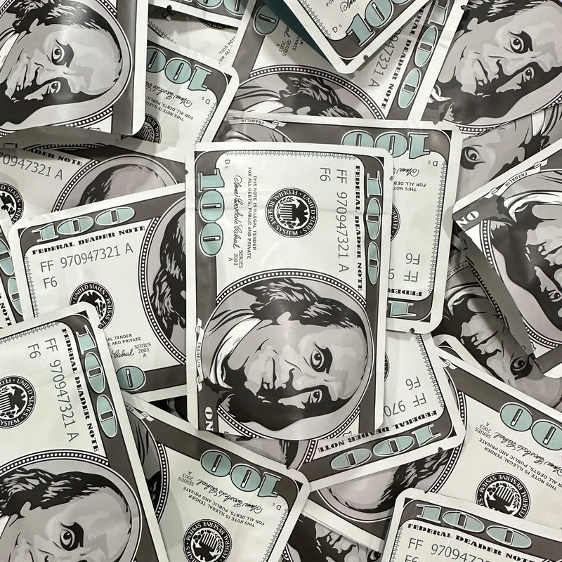 100PCS Dollar Sign Pattern Mylar Bags Smell Proof Zip Lock Bag for Tobacco & Props