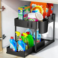 2-Tier Under Sink Organizer with Sliding Drawers & Hooks, Kitchen Bathroom Storage Rack
