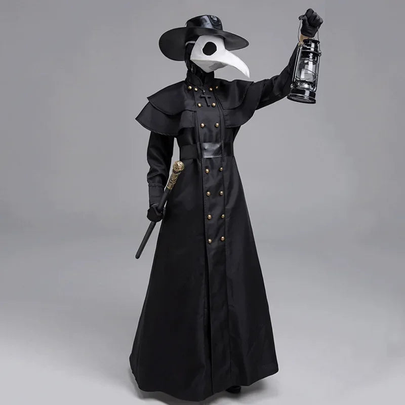 Medieval Hooded Robe Plague Doctor Costume Cloak Mask Hat for Men Steampunk Cosplay