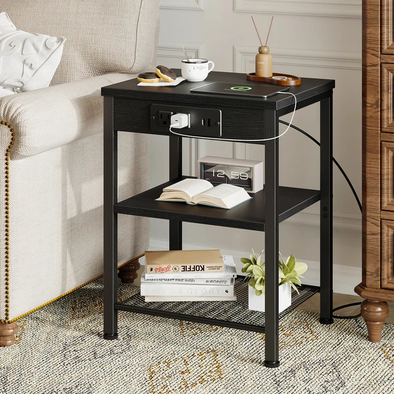 3-Tier Small Side Table with Charging Station - Adjustable Nightstand for Living Room & Bedroom