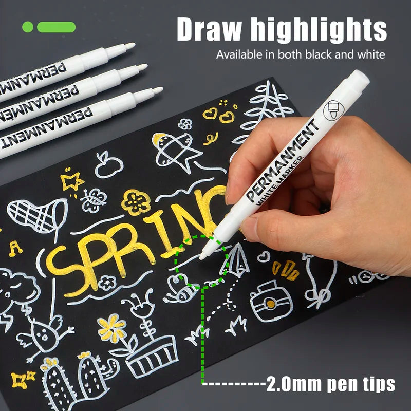 Waterproof Marker Pen Set - 3/6/12 pcs White Black Inks for Rock, Stone, Glass, Wood, Fabric, Metal