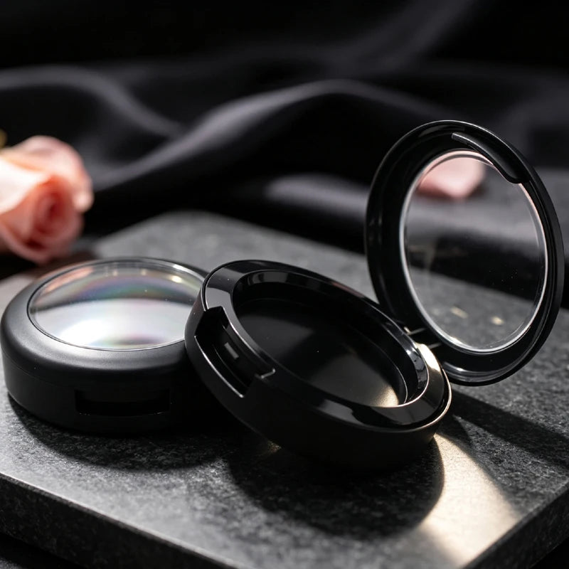 Round Plastic Makeup Compact Case with Mirror for Powder & Blush - Black
