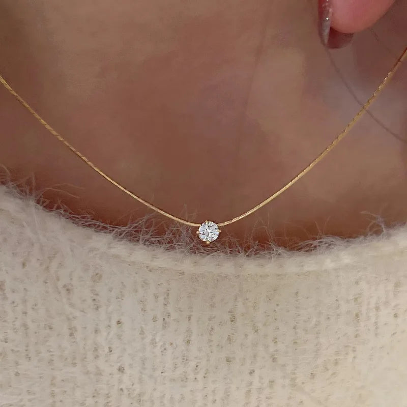 Minimalist Zircon CZ Charm Necklace - Stainless Steel Clavicle Chain Jewelry