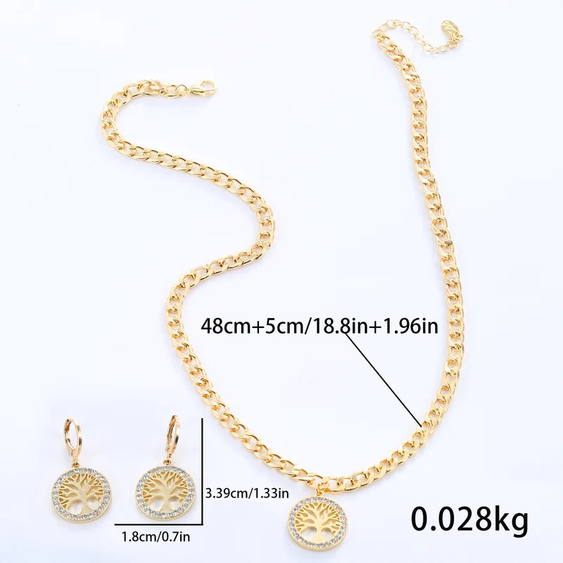 Women's Jewelry Set Rhinestone Tree of Life Pendant Necklace Hoop Earrings Gold