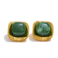 White Green Resin Square Stud Earrings - 18K Gold PVD Plated Stainless Steel Jewelry