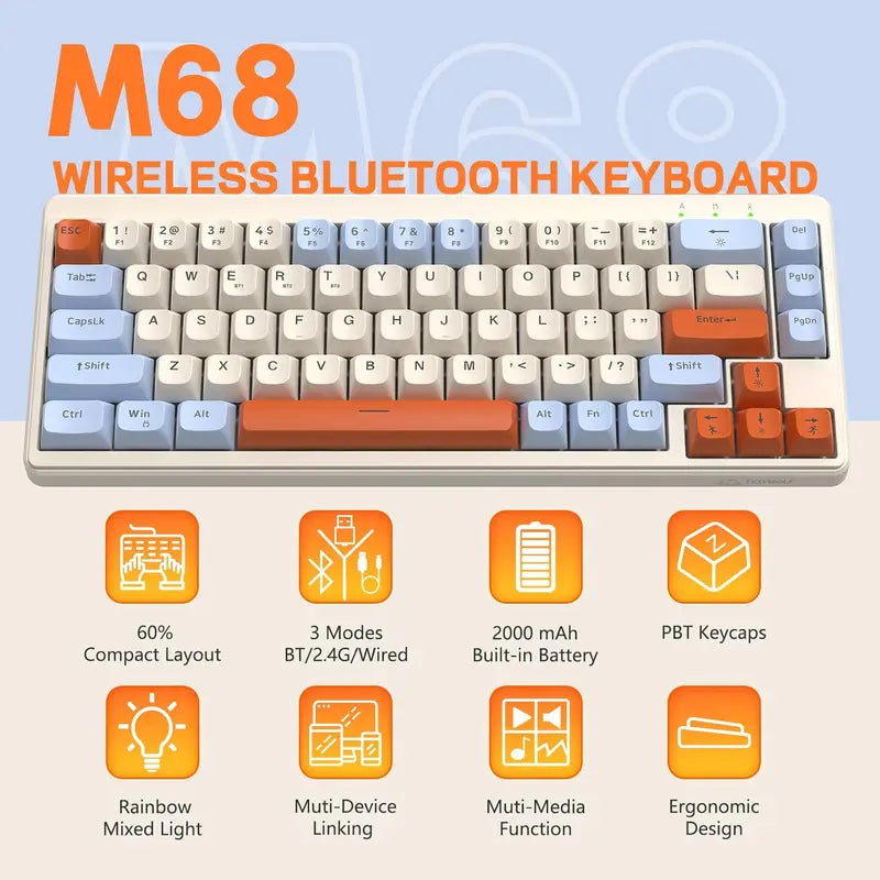 Wireless Gaming Keyboard 65% RGB Backlit Tri-Mode Silent Membrane PBT Keycaps