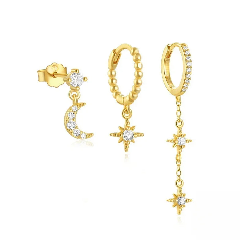 3-Pack Gold Color Stainless Steel Moon Star Zircon Stud Earrings for Women Jewelry Set