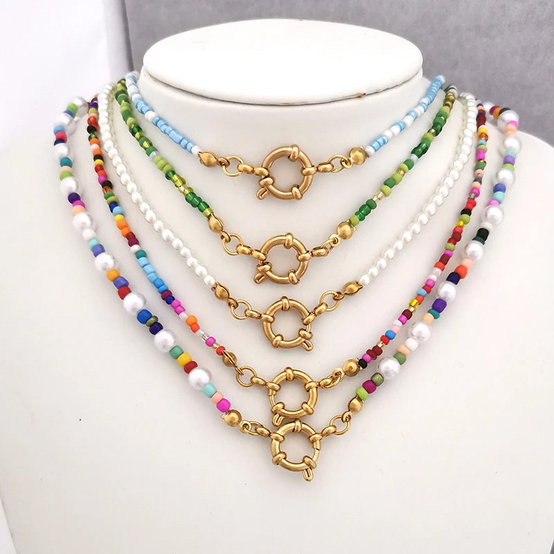 Imitation Pearl Necklace Women Choker Rainbow Beaded Chain Gold Steel Clasp