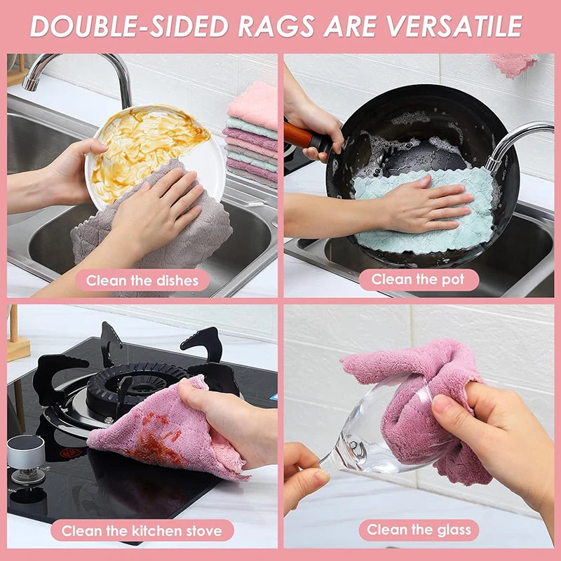 Double-Layer Microfiber Cleaning Cloths Set - Absorbent Dish Towels for Kitchen