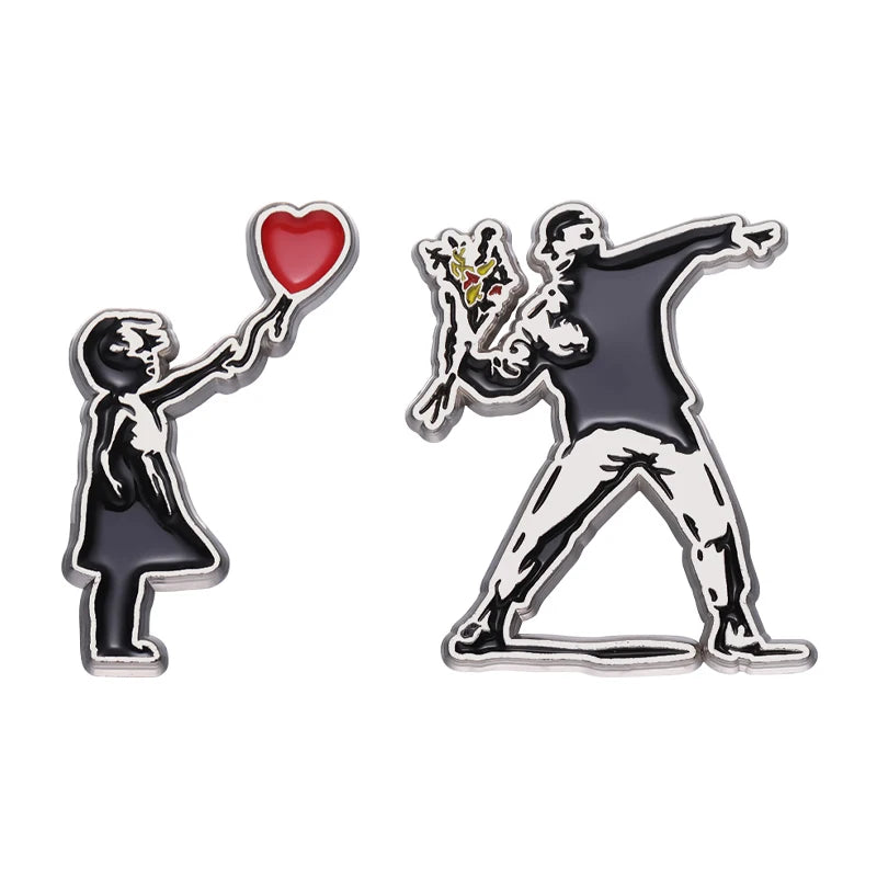 Banksy Art Design Brooch Enamel Pin with Flower Thrower & Girl Badge - Jewelry Gift