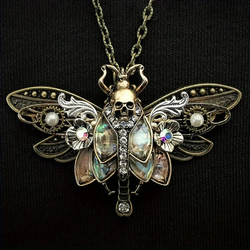 Vintage Boho Moth Pendant Necklace with Skull - Gift for Women, Daily Wear