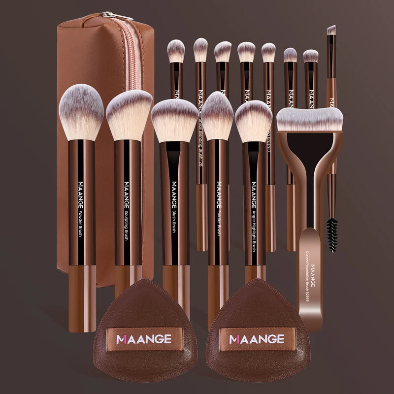 14-Piece Makeup Brush Set with Air Cushion Puffs - Foundation, Blush, Eye Brushes