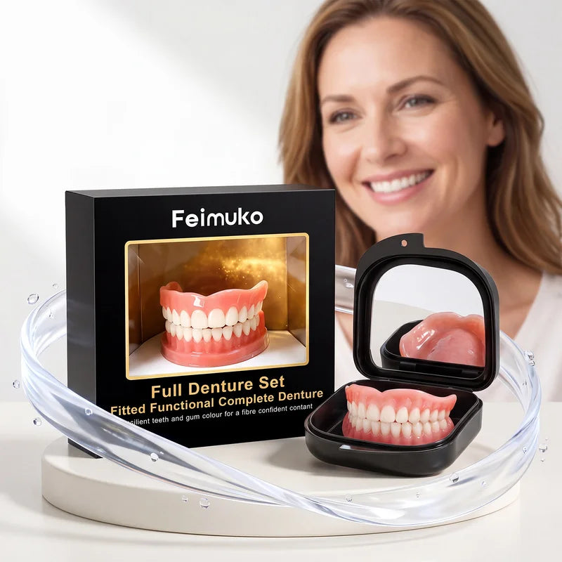 Full Denture Set Resin False Teeth with Mirror & Storage Box - Cosmetic & Temporary