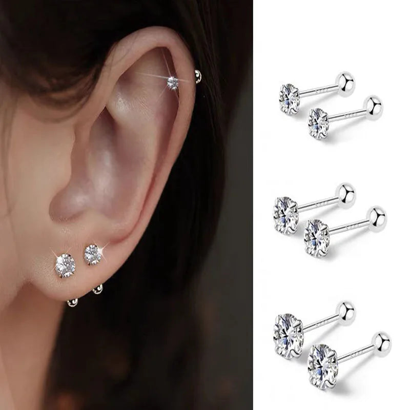 3 Pairs Zirconia Stud Earrings for Women - Classic Round Jewelry, Stainless Steel