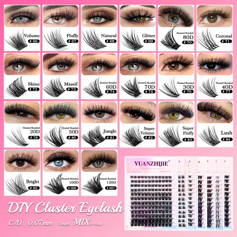 DIY 144 Cluster Mink Eyelashes Natural C/D Curl False Lash Set for Makeup
