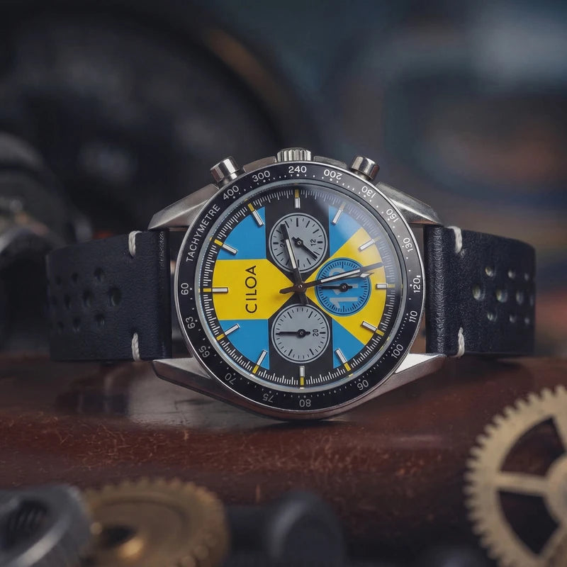 Men's Racing Chronograph Watch with Blue & Yellow Dial and Leather Strap