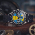 Men's Racing Chronograph Watch with Blue & Yellow Dial and Leather Strap