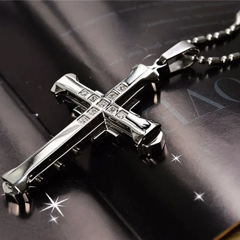 Men's Crystal Cross Pendant Necklace Stainless Steel Jewelry 2024