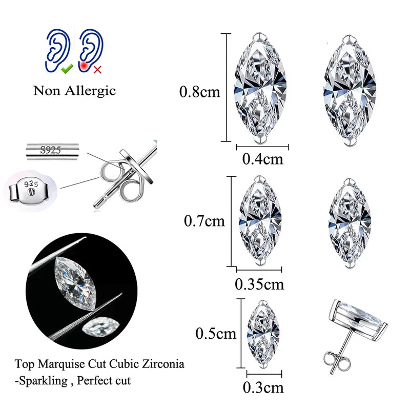 Sterling Silver 925 Cubic Zircon Marquise Stud Earrings for Women - Multiple Colors