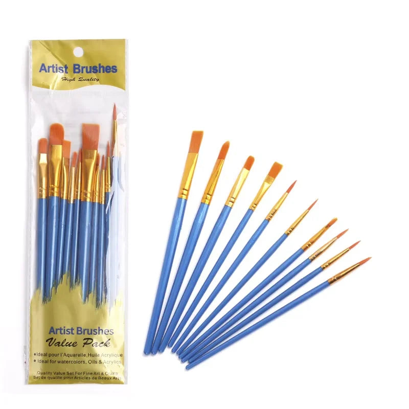 10-Piece Artist Paint Brush Set - Nylon Bristle Watercolor, Acrylic & Oil Brushes