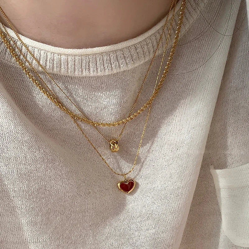 2024 Mother's Day Red Heart Pendant Necklace for Women - Stainless Steel Gold Chain Jewelry