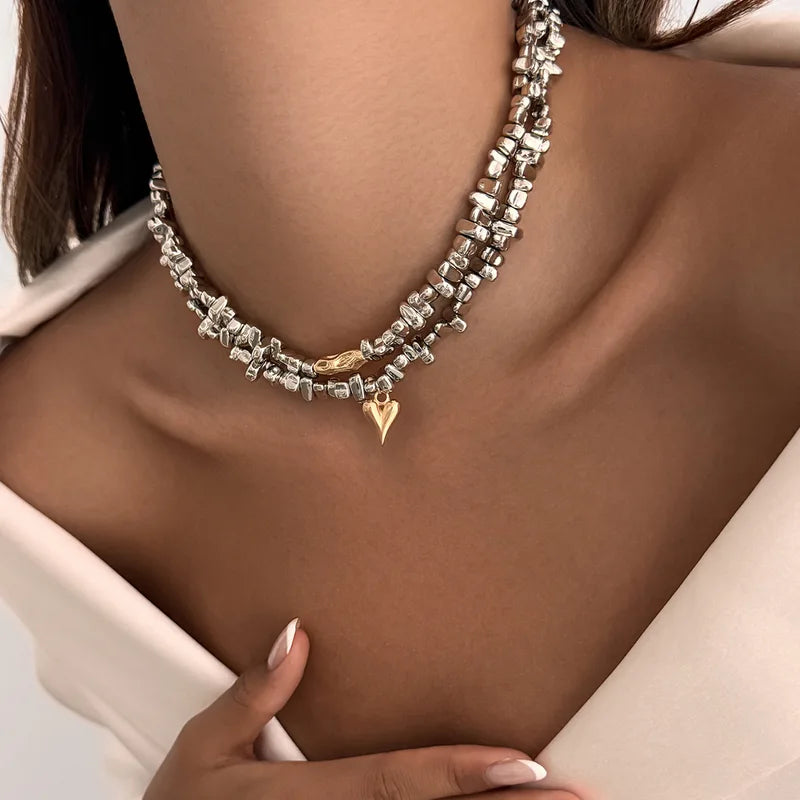 Retro Heart Shaped Pendant Necklace Multi Layer Creative Irregular String Style Girl Jewelry